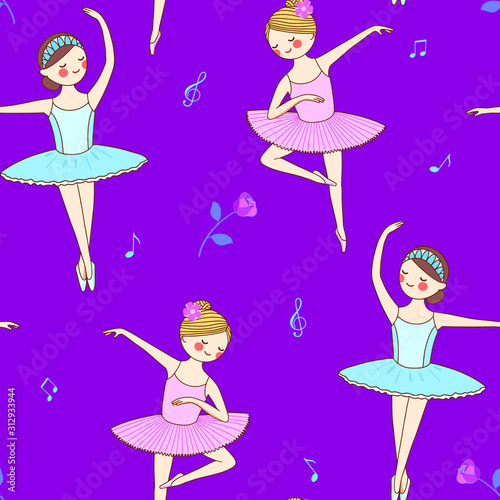Seamless pattern: ballerinas on a purple background. Vector