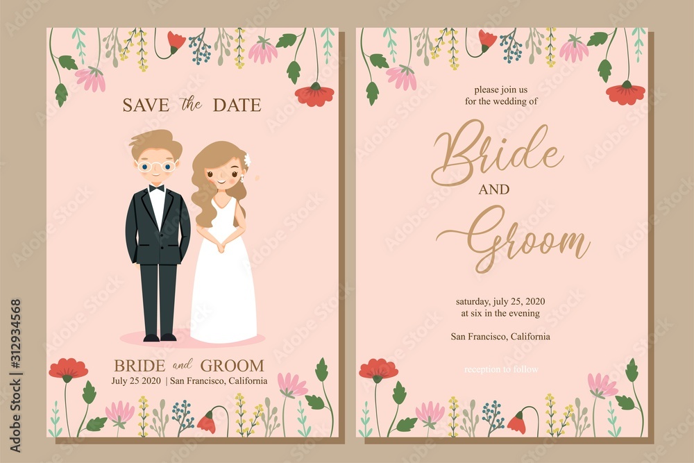 cute bride and groom with flower wedding invitation card template cute bride and groom with flower wedding invitation card template