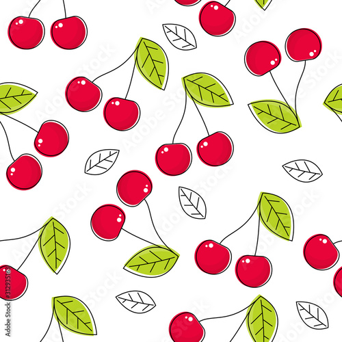 Cherry seamless vector pattern. Red Cherries and line leaves with black doodle stroke on white background. Vector flat concept