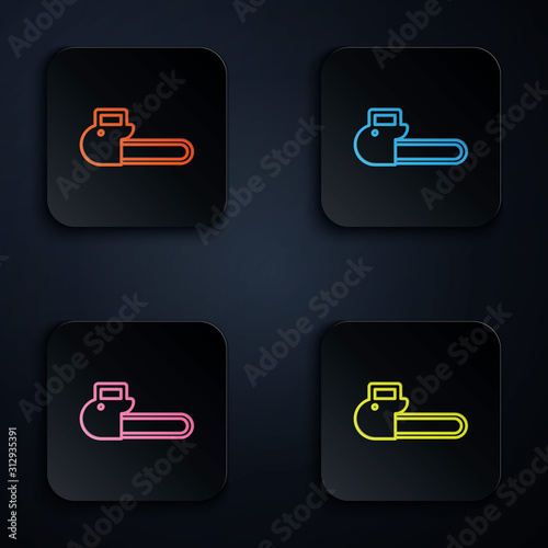 Color neon line Chainsaw icon isolated on black background. Set icons in colorful square buttons. Vector Illustration
