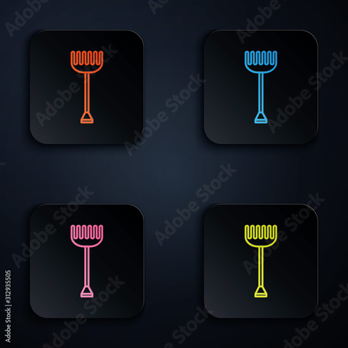 Color neon line Garden rake icon on black background. Tool for horticulture, agriculture, farming. Ground cultivator. Housekeeping equipment. Set icons in colorful square buttons. Vector Illustration