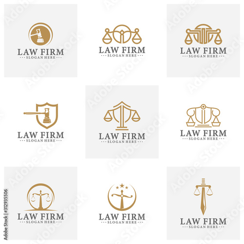 Law office logotypes set with scales of justice, gavel etc illustrations. Vector vintage attorney, advocate labels, juridical firm badges collection. Act, principle, legal icons design.