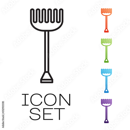 Black line Garden rake icon isolated on white background. Tool for horticulture, agriculture, farming. Ground cultivator. Housekeeping equipment. Set icons colorful. Vector Illustration