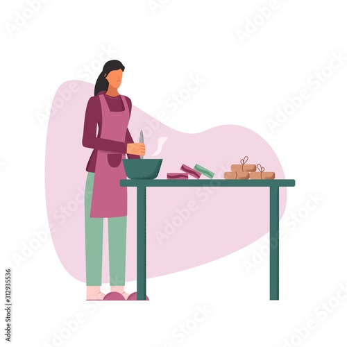 Domestic female character making homemade soap on table vector flat illustration. Cartoon woman having craft hobby and handmade preparing an order for small business isolated on white