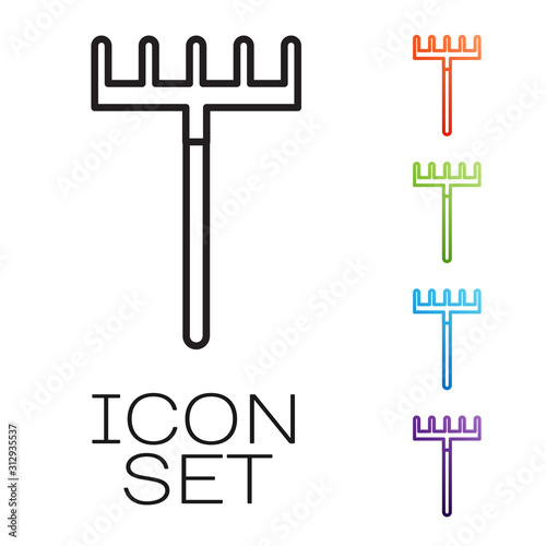 Black line Garden rake icon isolated on white background. Tool for horticulture, agriculture, farming. Ground cultivator. Housekeeping equipment. Set icons colorful. Vector Illustration