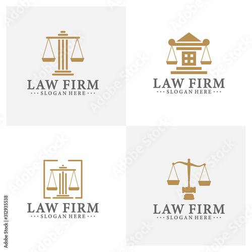 Law office logotypes set with scales of justice, gavel etc illustrations. Vector vintage attorney, advocate labels, juridical firm badges collection. Act, principle, legal icons design.