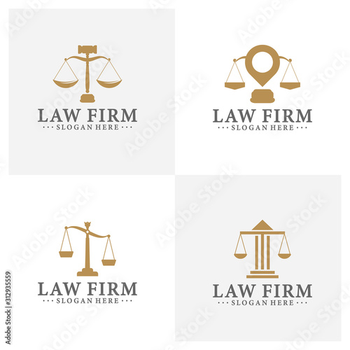Law office logotypes set with scales of justice, gavel etc illustrations. Vector vintage attorney, advocate labels, juridical firm badges collection. Act, principle, legal icons design.