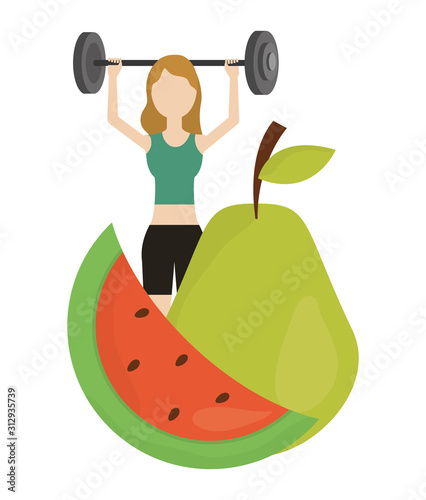 woman with dumbbell watermelon and pear health food