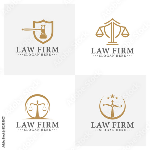 Law office logotypes set with scales of justice, gavel etc illustrations. Vector vintage attorney, advocate labels, juridical firm badges collection. Act, principle, legal icons design.