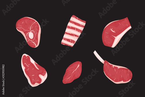 Set of red meats cuts.
