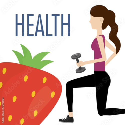 woman with barbells and fresh strawberry nutrition health food