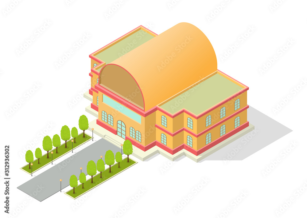 isometric building with road and trees