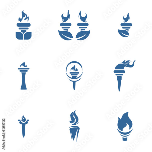 Set of torch logo design symbols template, Fire torch victory championship flame flat vector icons