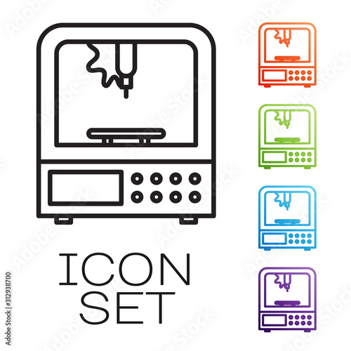 Black line 3D printer icon isolated on white background. Set icons colorful. Vector Illustration