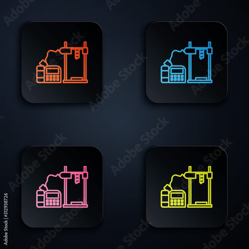 Color neon line 3D printer icon isolated on black background. Set icons in square buttons. Vector Illustration