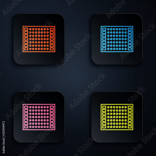 Color neon line Printed circuit board PCB icon isolated on black background. Set icons in square buttons. Vector Illustration