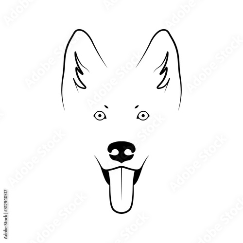Dog head front view. Shepherd dog portrait. Minimal black sketch on white background. Vector illustration