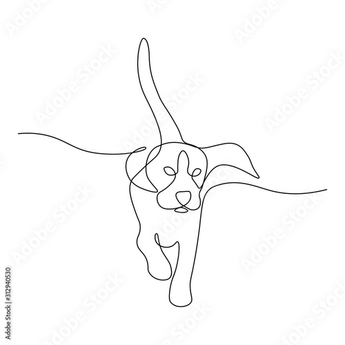 Running dog in continuous line art drawing style. Black line sketch on white background. Vector illustration