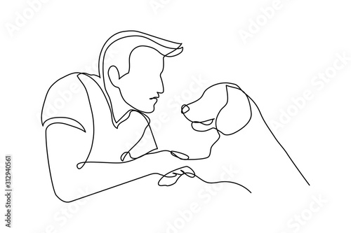 Dog and owner communication in continuous line art drawing style. Black line sketch on white background. Vector illustration