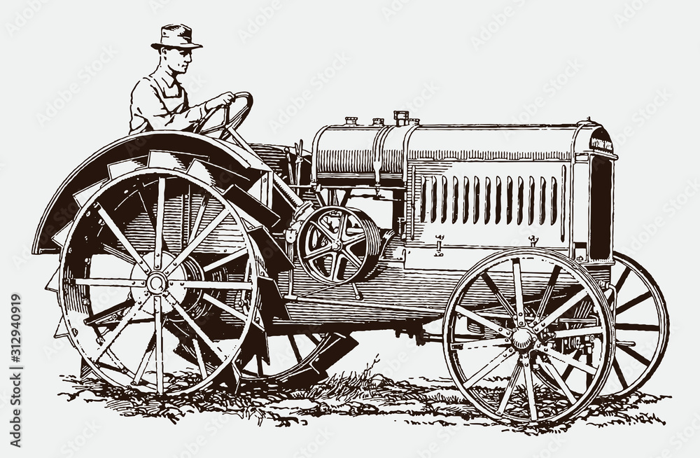 Farmer driving antique tractor in side view. Illustration after an engraving from the early 20th century