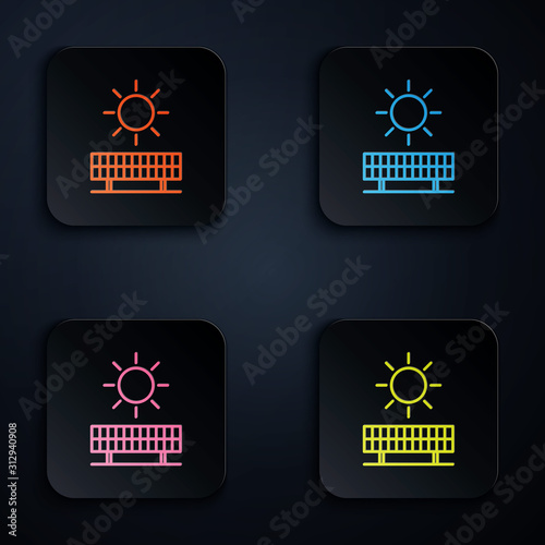 Color neon line Solar energy panel and sun icon isolated on black background. Set icons in square buttons. Vector Illustration