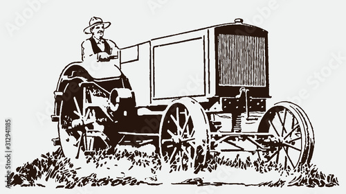 Farmer driving a historical tractor in his field. Illustration after an engraving from the early 20th century