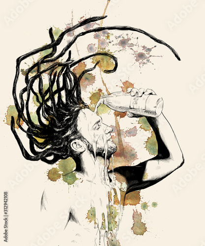 Canvas-taulu Man with dreadlocks drinks milk