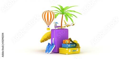 Traveling 3d rendering background. Trip concept. Tourist luggage. Traveler bag. Modern pastel color. Plain fly. Vocation. Summer holiday. Voyage. Adventure.