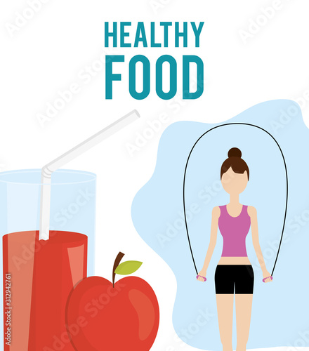 woman with jumping rope and juice apple healthy food