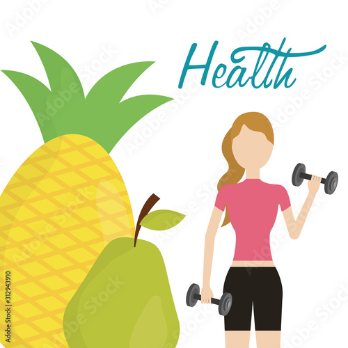 woman with barbells and fresh pineapple pear health food