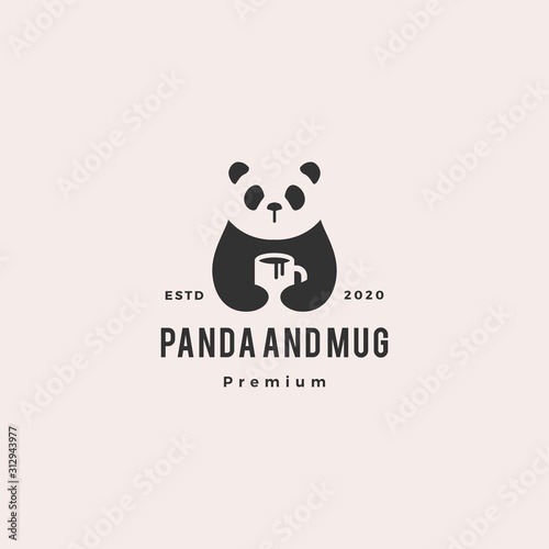 panda coffee mug logo vintage hipster retro vector icon illustration
