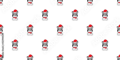 Cartoon cute boston terrier dog with santa claus christmas hat seamless pattern background for design.