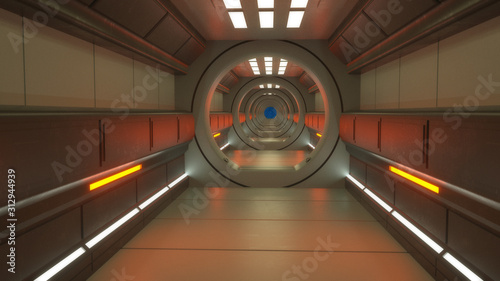 3d render. Futuristic spaceship scifi corridor architecture