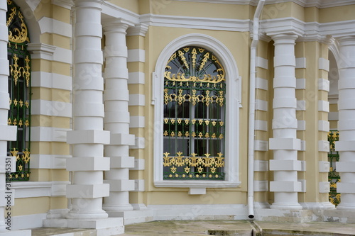 facade of an old building. yellow building façade. sculptures and decorative elements on the facade of buildings. palace in moscow Russia.