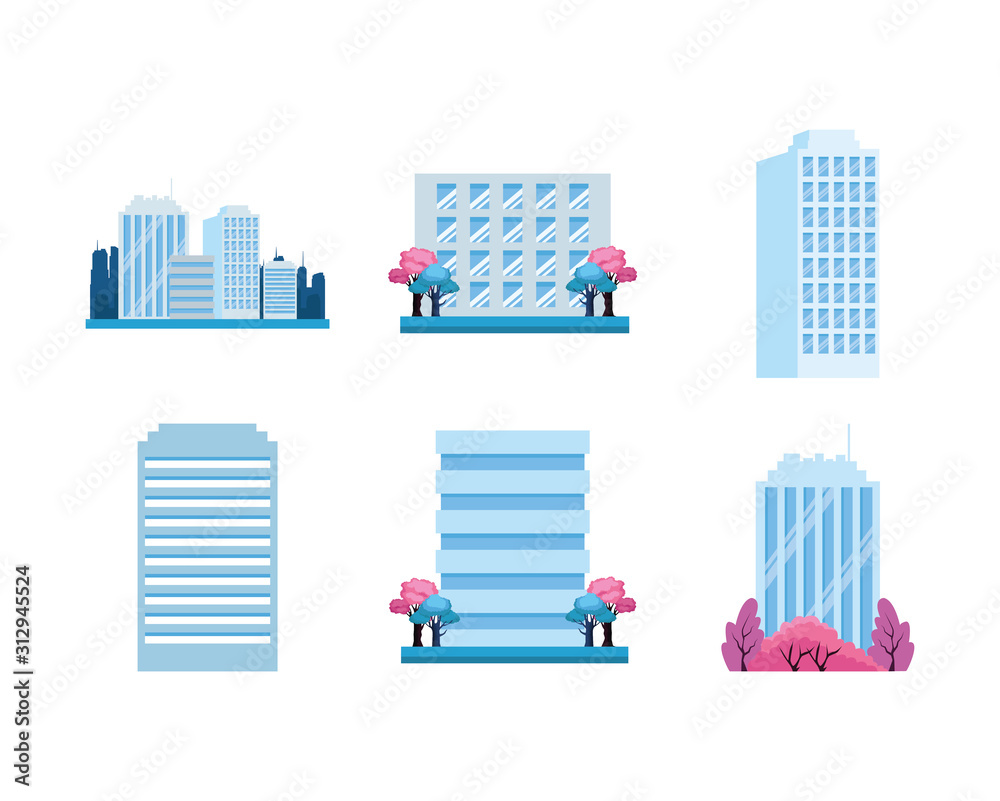 city buildings icon set, colorful design