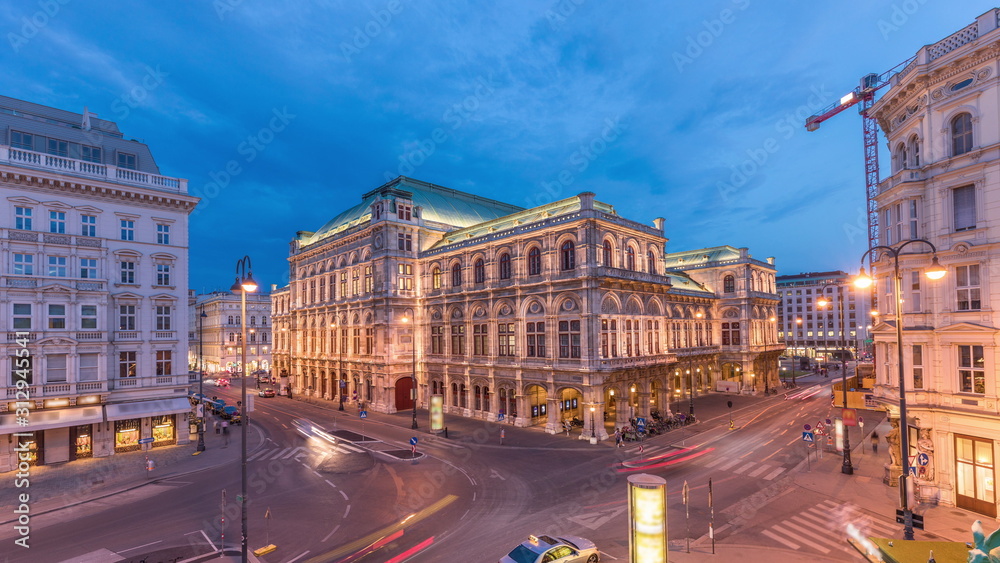 Beautiful view of Wiener Staatsoper aerial day to night timelapse in Vienna, Austria