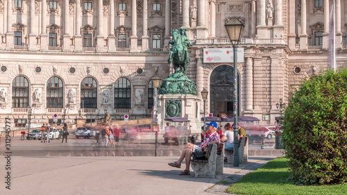 Equestrian statue of Prince Eugene of Savoy timelapse in front of Hofburg palace, Heldenplatz, Vienna, Austria.
