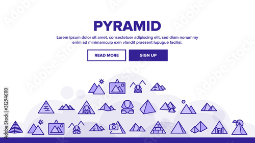 Pyramid Attraction Landing Web Page Header Banner Template Vector. Egyptian Pyramid And Sphinx, Photo Camera And Tourism Landscape On Picture Illustration