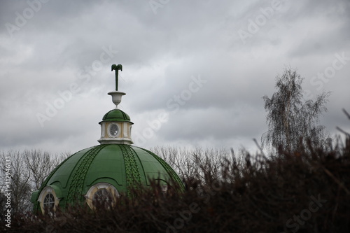 dome of the old palace in Moscow. grey sky. tree branches. green dome with round windows.  Kuskovo palace in Moscow.