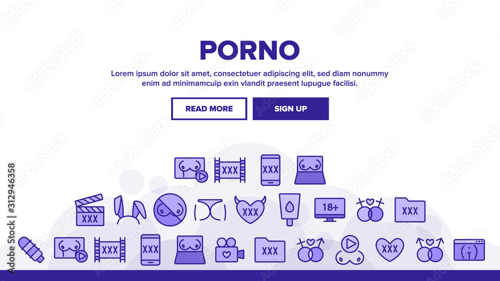 Porno Film Industry Landing Web Page Header Banner Template Vector. Porno Web Site And Folder Xxx, Boobs On Laptop Screen And Bunny Ears Illustration