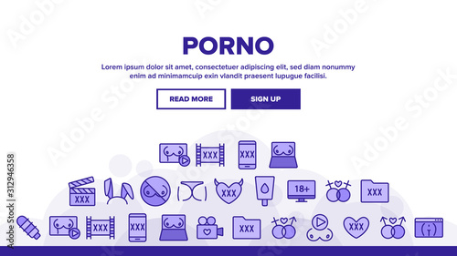 Porno Film Industry Landing Web Page Header Banner Template Vector. Porno Web Site And Folder Xxx, Boobs On Laptop Screen And Bunny Ears Illustration
