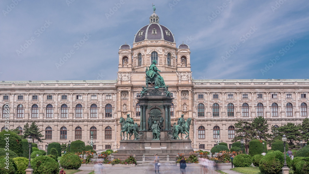 Empress Maria Theresia Monument timelapse and Art History Museum in Vienna, Austria.