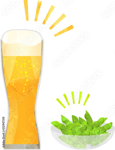 生ビール_ビール_枝豆_切り絵風_グラス_ベクター_イラスト_ドリンク_お酒_アルコール