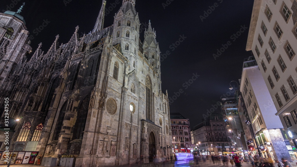 St. Stephen's Cathedral night timelapse hyperlapse, the mother church of Roman Catholic Archdiocese of Vienna, Austria