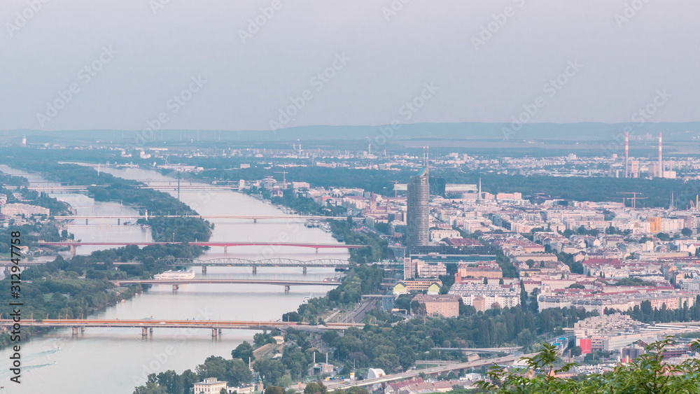 Skyline of Vienna from Danube Viewpoint Leopoldsberg aerial timelapse.