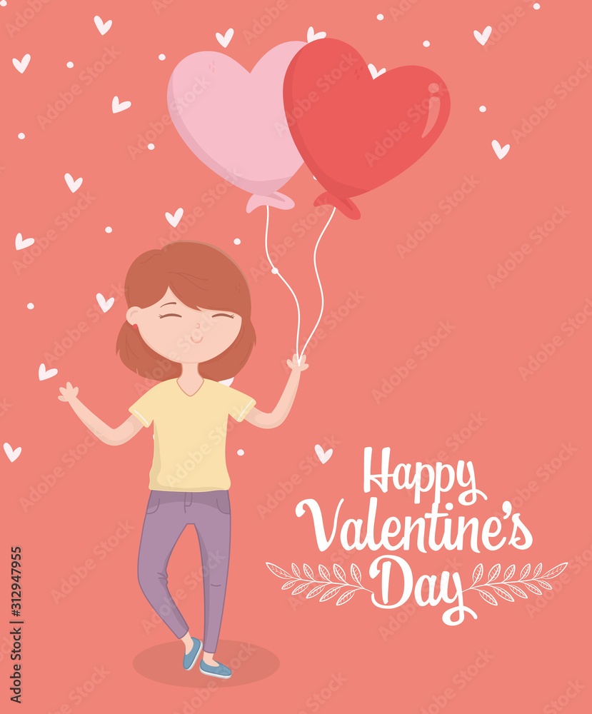 happy valentines day young woman with balloons shape hearts love card happy valentines day young woman with balloons shape hearts love card