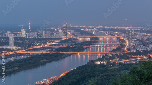 Photography Skyline of Vienna from Danube Viewpoint Leopoldsberg aerial day to night timelapse