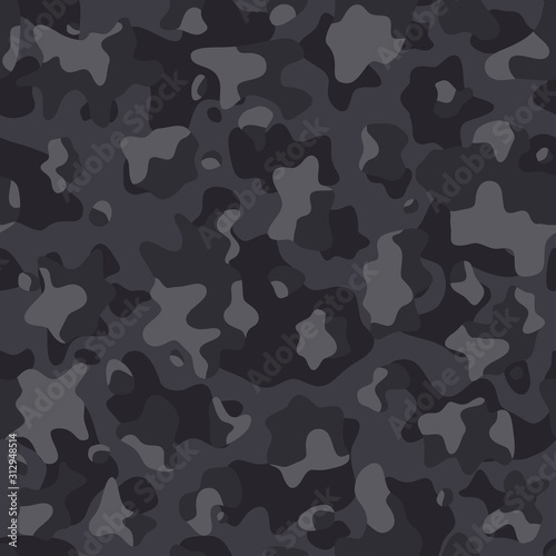 Camouflage pattern background, seamless vector illustration. Classic clothing style masking dark camo, repeat print. Grey and black texture