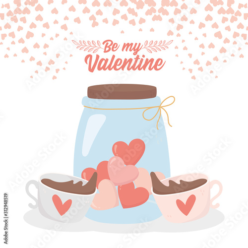 happy valentines day coffee cups and jar glass with hearts love card