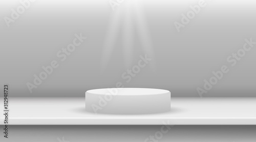 White ellipse cylinder vector mockup with shadow in studio. 3d minimalist contest pedestal isolated on a background. Podium platform for the item or award winner. Realistic geometric illustration